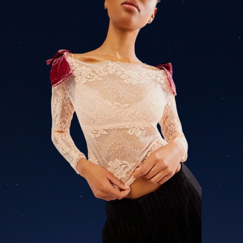 Free People Intimately Mademoiselle Top S Pink Sheer Lace Velvet Bow Coquette